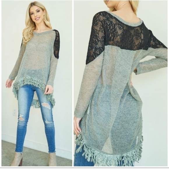 𝅺💚HP💚RYU A'reve Semi Sheer Grey Sweater V-neck Crochet Detail Fringe Hem - Picture 1 of 5